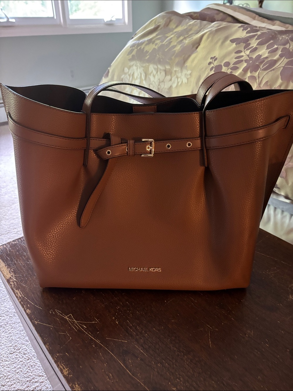 Michael Kors Tan Pebbled Leather Tote with Belt Detail
